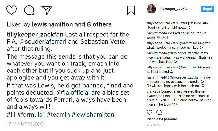 F1 | "Perso il rispetto per la FIA", il like di Hamilton a un suo fan
